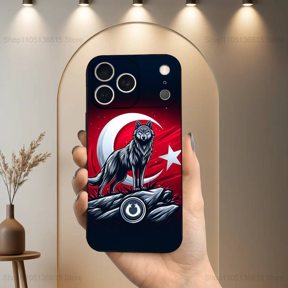 Turk Wolf Turkey Flag For iPhone 8,7,11,12,15,14,13,16,17,Plus,Pro Max,XS,X,XR,SE,Mini,Soft Silicone Black Case
