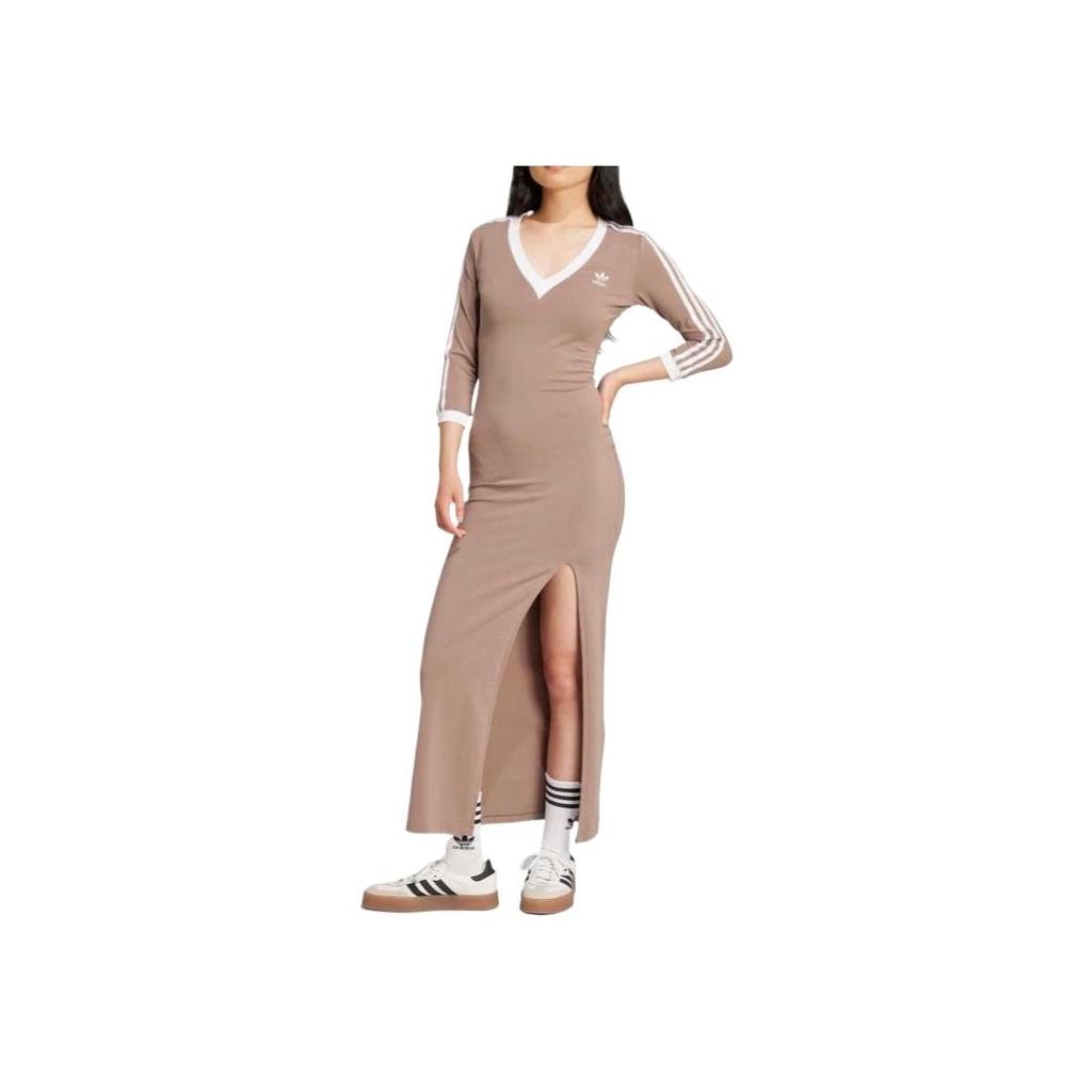 adidas Originals Adicolor Classics Casual Long Side Slit V-Neck Three-Quarter Sleeve Dress Women Dresses Shadow-Brown JX5193