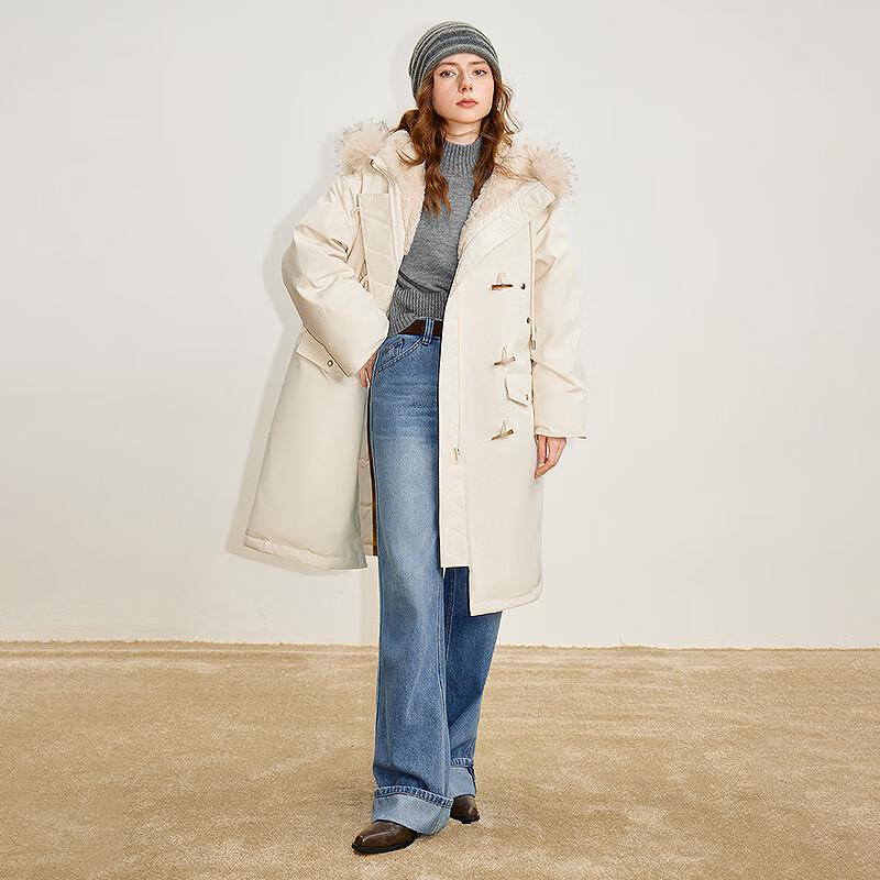 Chuyu Women's Mid-Length 3-Proof 90% Duck Down Hooded Jacket with Faux Fur Trim