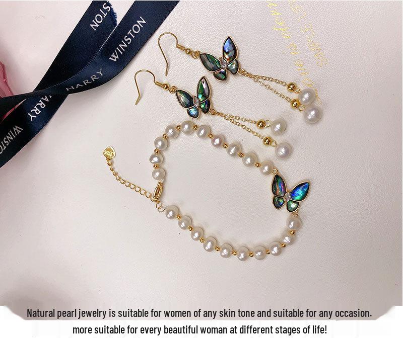 Elegant Freshwater Pearl Bracelet & Abalone Shell Butterfly Earring Set 6-7mm