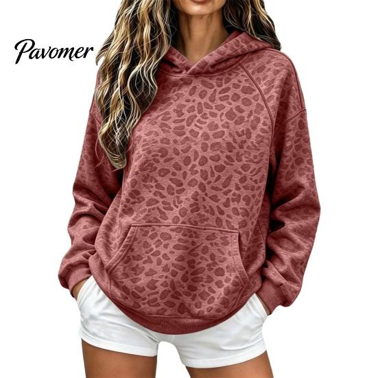 Sweatshirt with Front Pocket Women Leopard Print Hoodie, Oversized Drop Shoulder Hooded Pocket, Hoodie Long Sleeve Loose Casual Pullover Top