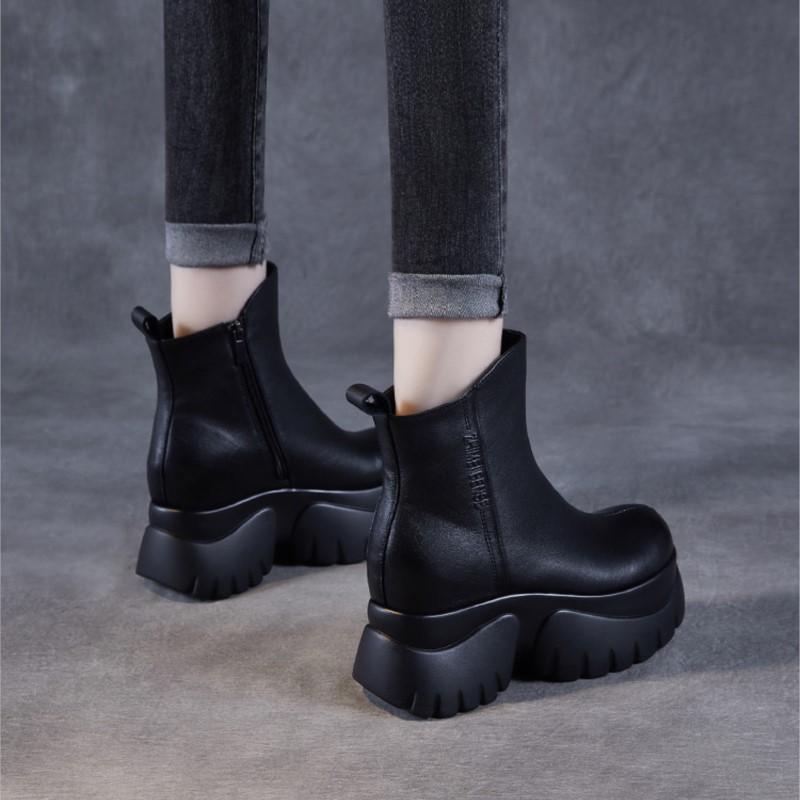 Johnature Round Toe Thick Soled Short Boots Genuine Leather High Heels Vintage Women's Platform Boots