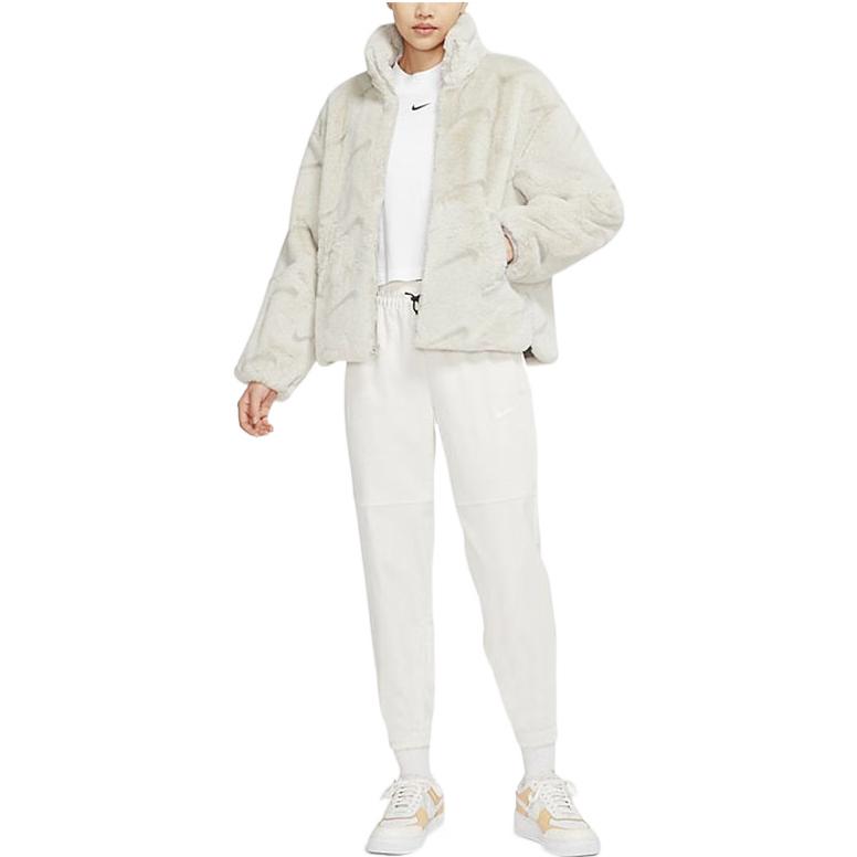 Nike Full Print Stand Collar Faux Fur Warm Straight Long Sleeve Cotton Jacket Women Outerwear White DQ6843-072
