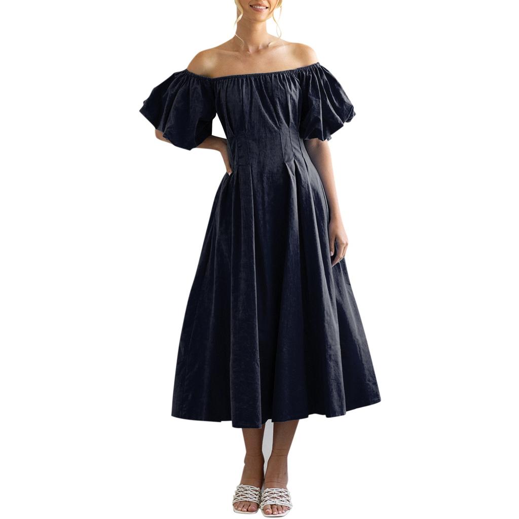 Modisches, einfarbiges, einzeiliges, luftiges Kurzarmkleid mit Plissierung und hoher Taille für Damen