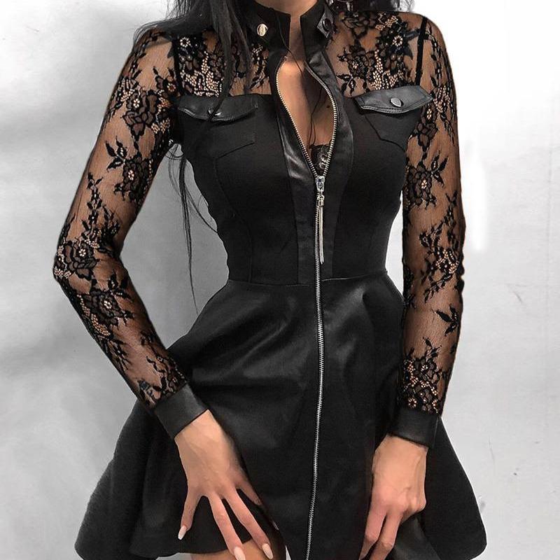 Herbst/Winter Mode PU-Leder Patchwork Taillenbetonendes Kleid