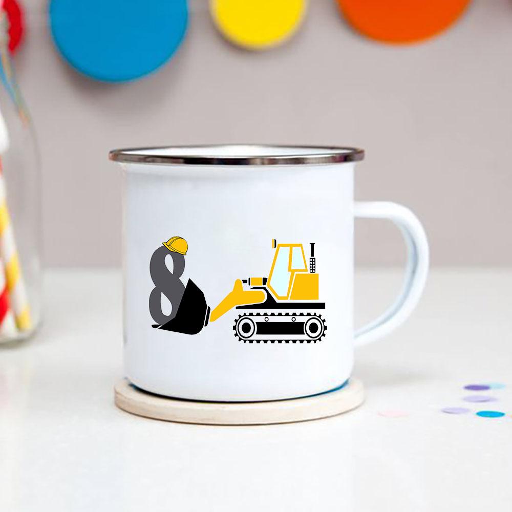 

Cartoon Excavator 1-8 Year Boys Birthday Enamel Cola Mugs Kids Baby Breakfast Dessert Milk Cocoa Cups Classmate Birthday Gifts 360ML