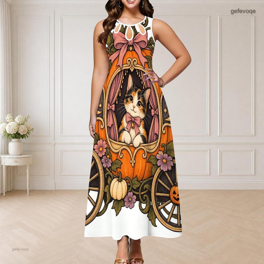 Women Plus Size Round Neck Triple Keyhole Cutout Sleeveless Maxi Dress Halloween Printed