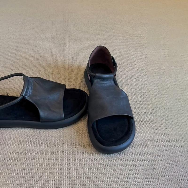 

Версия из овчины~ ретро мягкая кожа удобные повседневные летние сандалии с открытым носком женские черные балетки на липучке 40