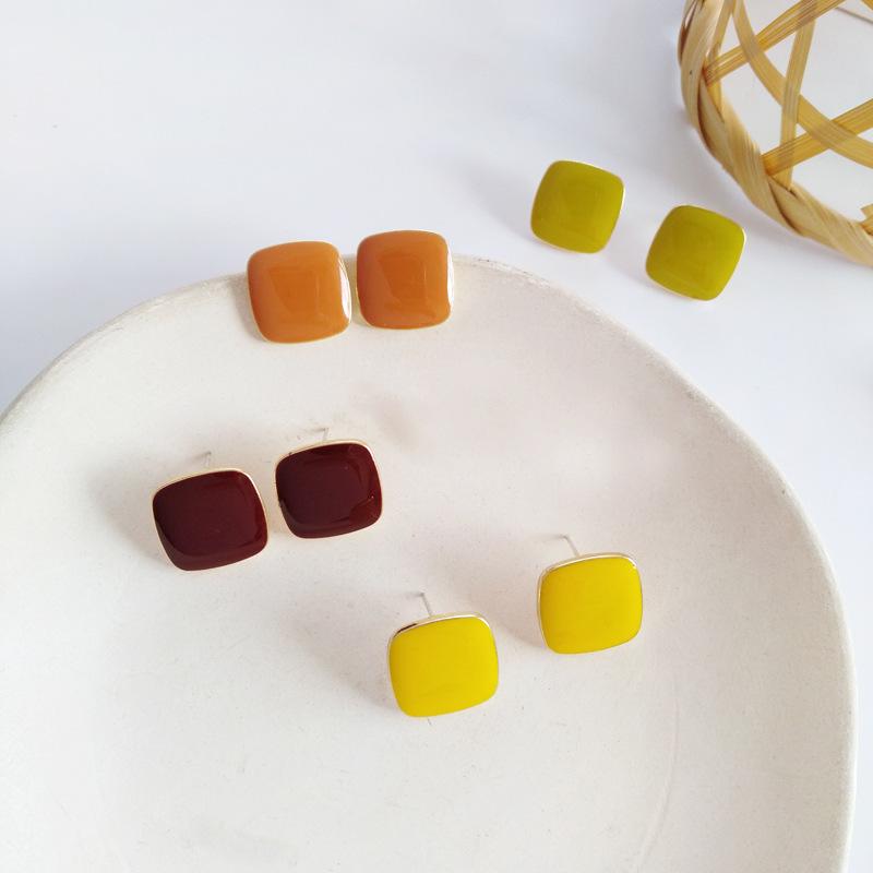 S925 Silver Needle Japan and Korea Sweet Candy Color Stud Earrings Simple Geometric Square Earrings Temperament Dripping Ears