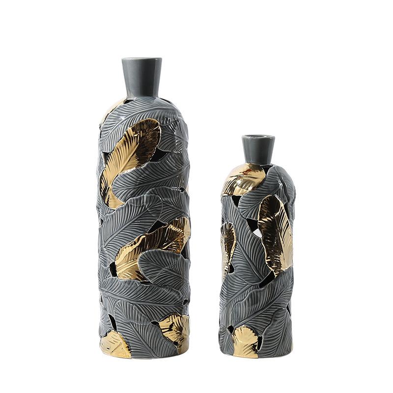 Ceramic Vase Creative Feather Shape Gray Gold Feather Pattern Flower Vase Porcelain Bottle Home Decoration Accessories