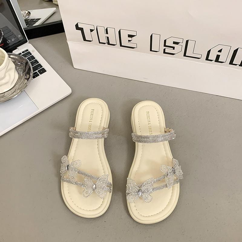 Beautiful sandals 2025 summer wear new slippers beach butterfly rhinestone drag