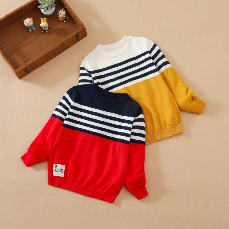 Frühling Herbst Baby Jungen Lange Ärmel Baumwolle Gestrickter Fester Pullover Pullover Kinder Zopfmuster Kleidung Langarm Runder Kragen Gestreiftes Sweatshirt