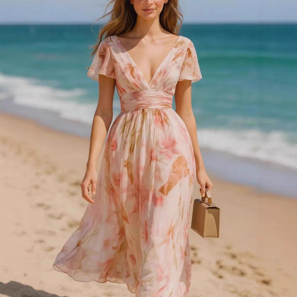 

Women s Floral Print V-Neck Short Sleeve Midi Dress with Belted Waist S