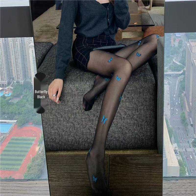 0D Summer Sheer Anti-Snag Lolita Knee-High Stockings with Blue Butterfly Design