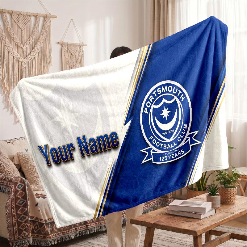 Portsmouth FC Personalized Fleece Blanket With Football Logo, Custom Name Text Soft Warm Home Throw Blanket