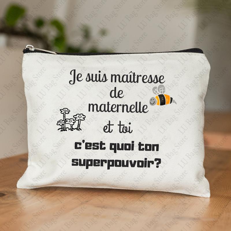 Teacher Theme Women Makeup Bag Maitresse Inspired Cosmetic Case with French Style Design Educational Motif Wallet Work or School
