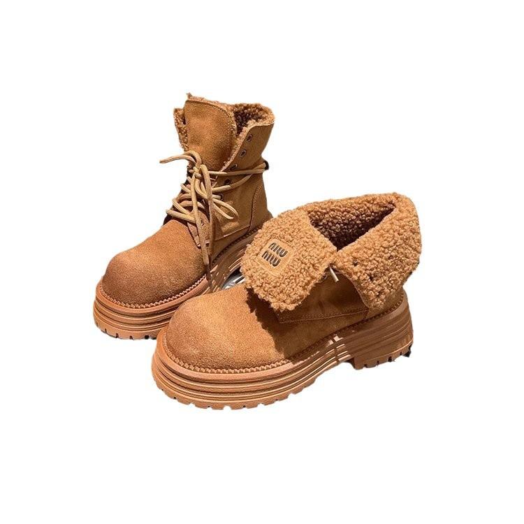 Martin Boots Women's Matte Leather Fur Shoes Two Wear Flip Yellow Boots Velvet Snow Cotton Boots Tooling Locomotive Boots Short Boots