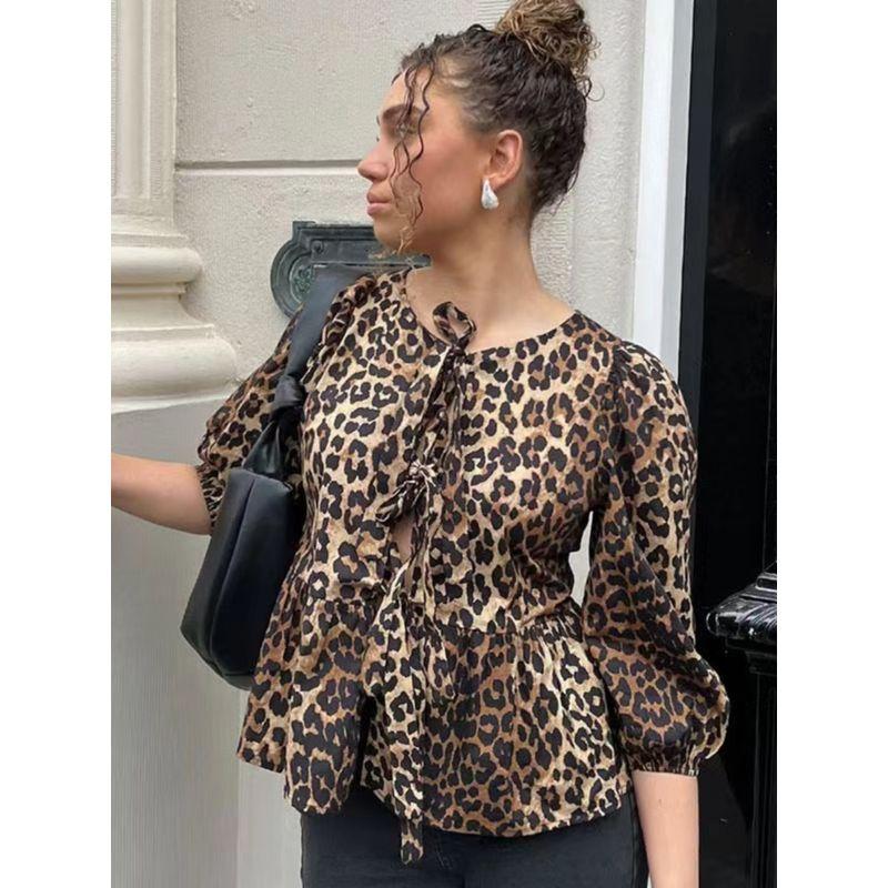 Fashion Wind Summer New Arrival Fashion Wind Lace-up Crew Neck Puff Sleeve Shirt Fashion Sexy Loose Cardigan Top