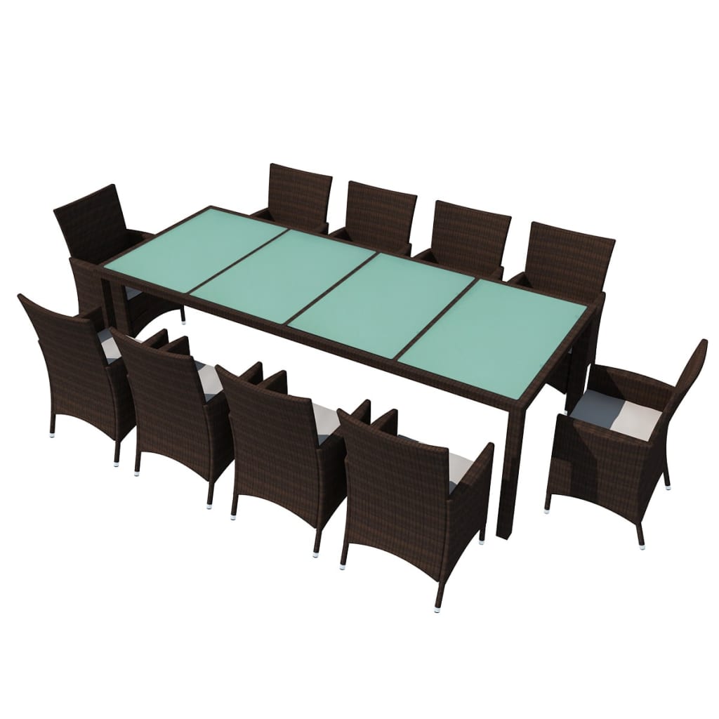 11 piece outdoor dining set with cushions poly rattan brown