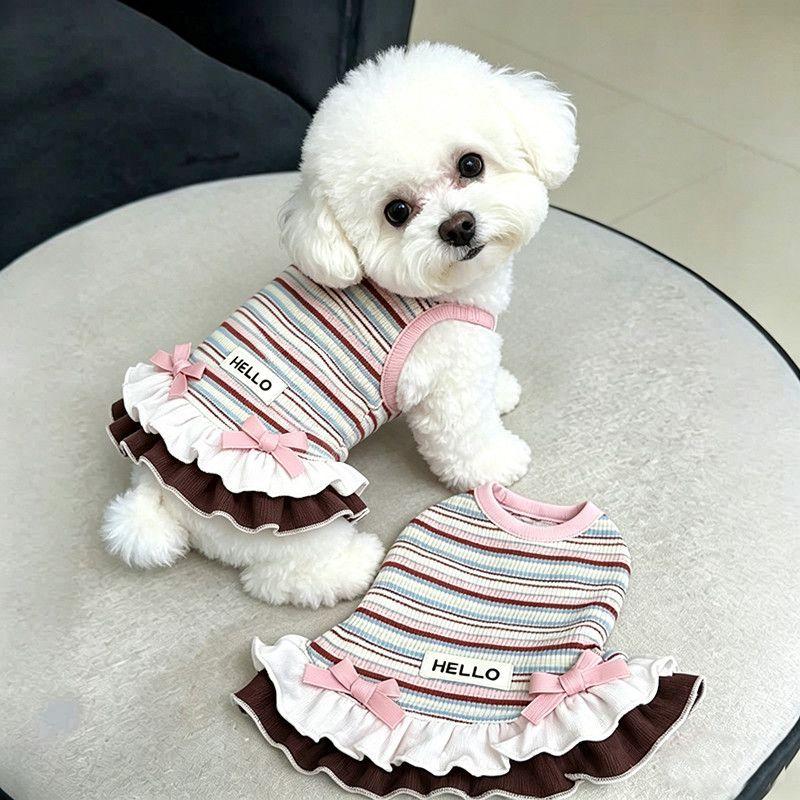 Striped Pet Dress Summer Spring Autumn Clothes Anti Hair Loss Outfit for Cats Teddy Bichon Yorkshire Small Dogs