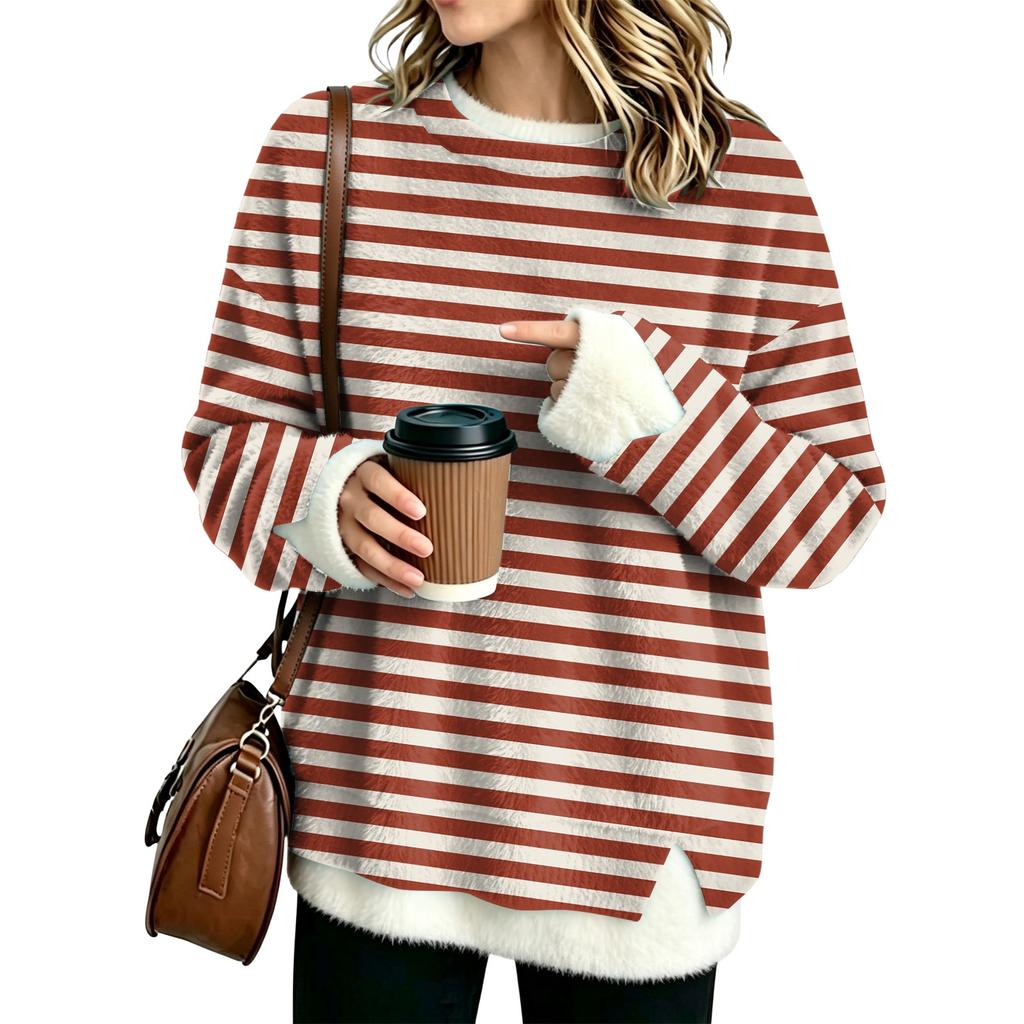 Women's Fashion Flannel Round Neck Two-Piece Striped Print Top with Spliced Design