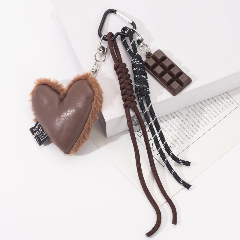 Ins Stylish Chocolate Heart Lanyard Keychain Y2K Vintage Handmade Braided Rope Keyring Bag Charms Car Key Holder Gifts