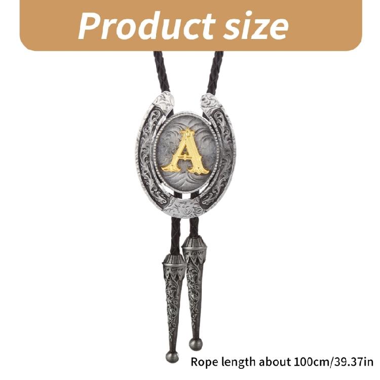 Men Faux Leather Rope Adjustable Bolo Tie Western Metal Initial Letter Pendant Shirt Collar Necktie Jewelry Necklace