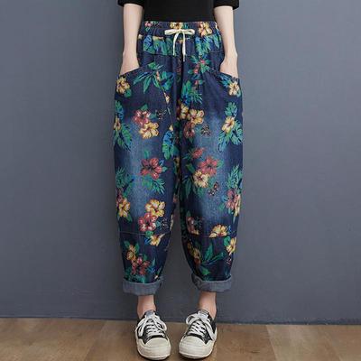 Plus Size Vintage Floral High Waist Casual Loose Women Spring Summer Autumn Jeans Denim Wide Leg Pants