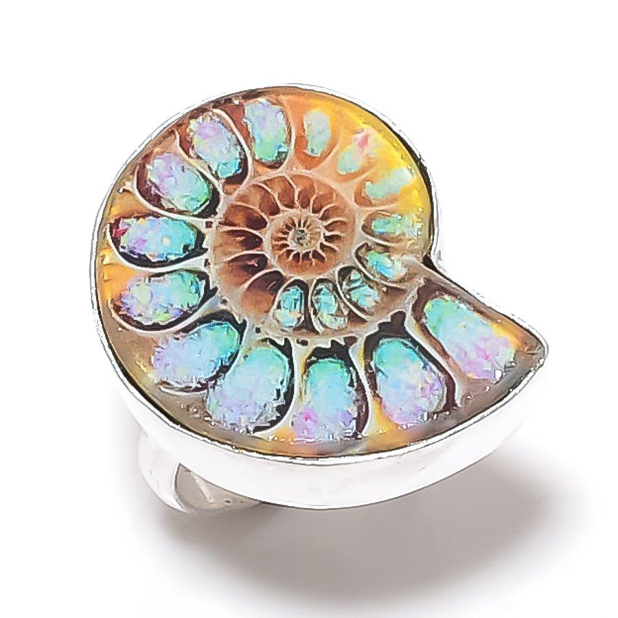 

Натуральный ископаемый аммонит драгоценный камень 925 стерлинговое серебро ювелирное кольцо размер 6.5 T3A01