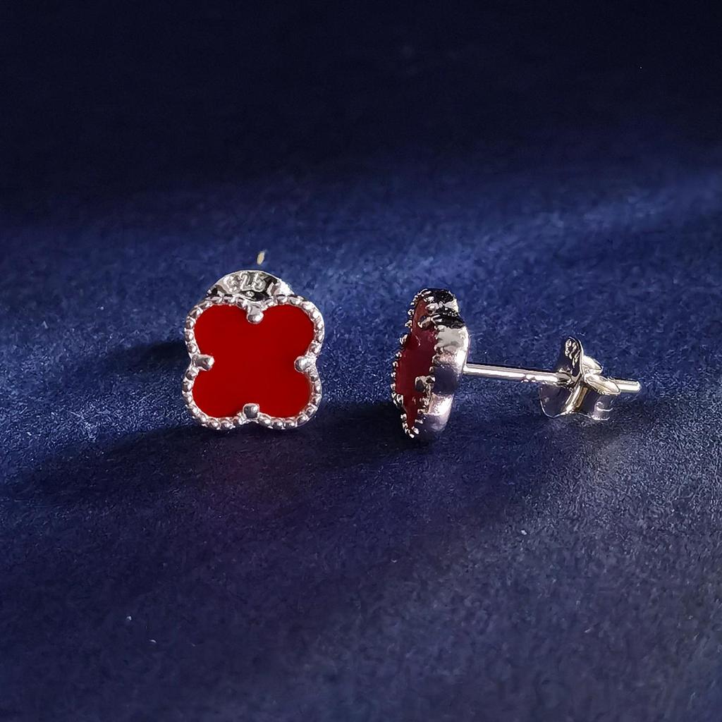 Orecchini a bottone multicolore in argento sterling 925 con quattro foglie di fiori, conchiglia bianca, malachite, agata nera, turchese rosso, occhi di tigre