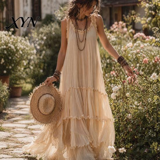 Light Beige Skirt Summer Ruffle Tiered Swing Dress for Women, Boho Beach Daily Outing Flowy Maxi Sundress, Sleeveless A-line Loose Long Casual