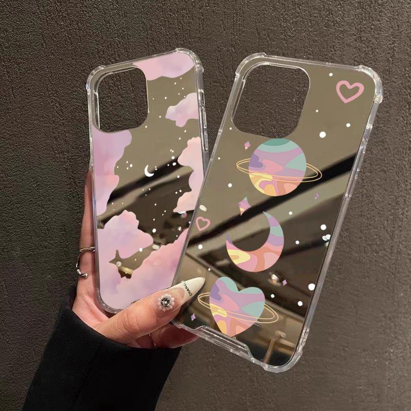 Colorful Moon Heart Pattern Phone Case For iPhone 16 15 14 13 12 11 Pro Max XS X XR 7 8 Plus SE2 Make Up Mirror Shockproof Cover