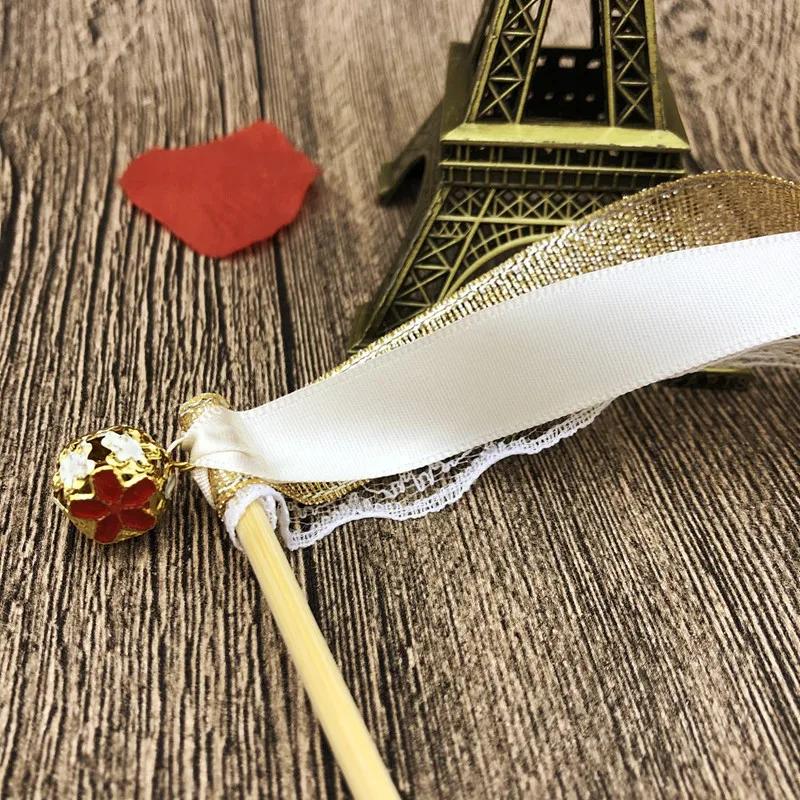 50pcs Satin Ribbon Wedding Wands Fairy Sticks With Gold Bell Pink Purple For Lawn Wedding Party Shower Decor Twirling Streamers