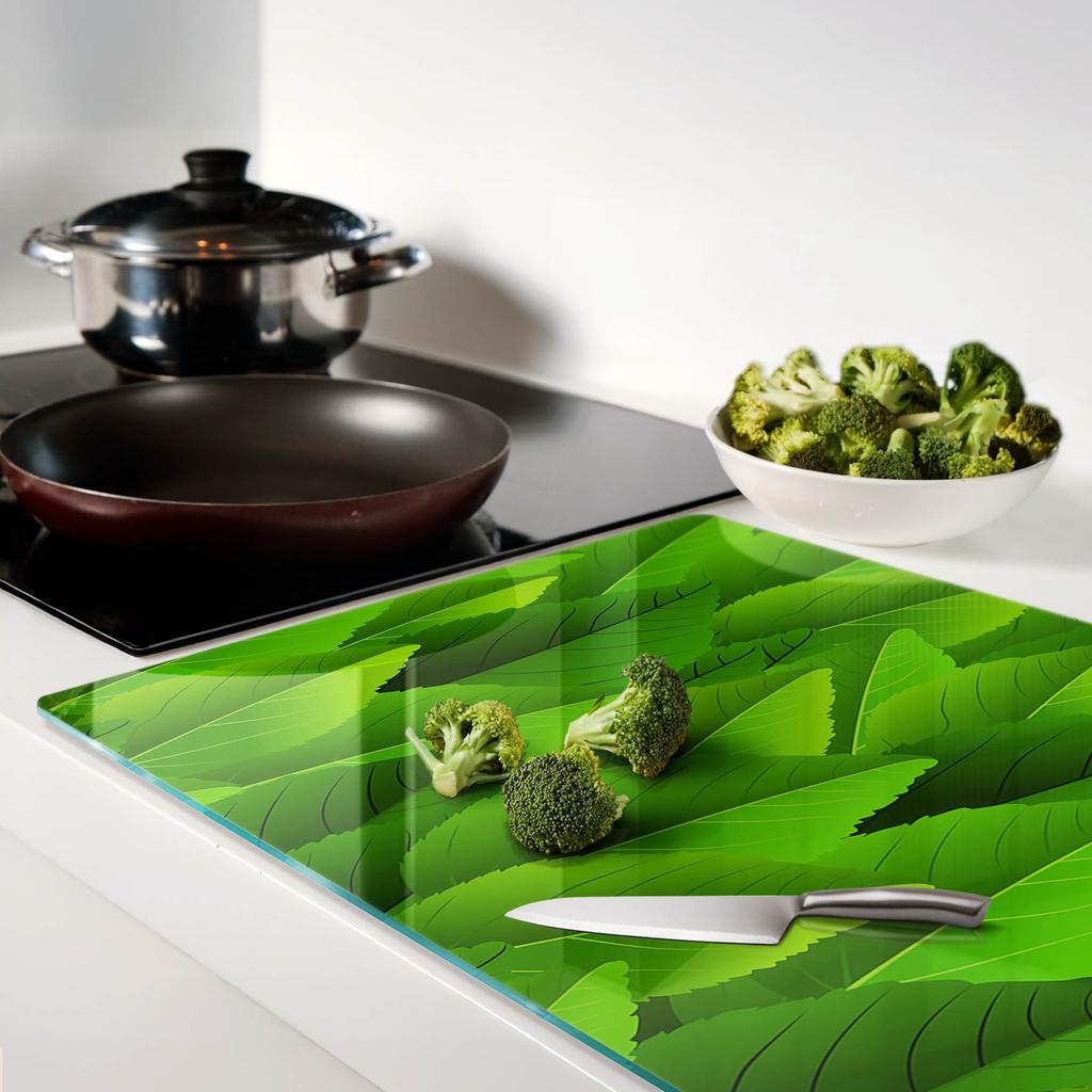 Glass Kitchen Serving Board with Green Leaves Graphic 80x52 cm