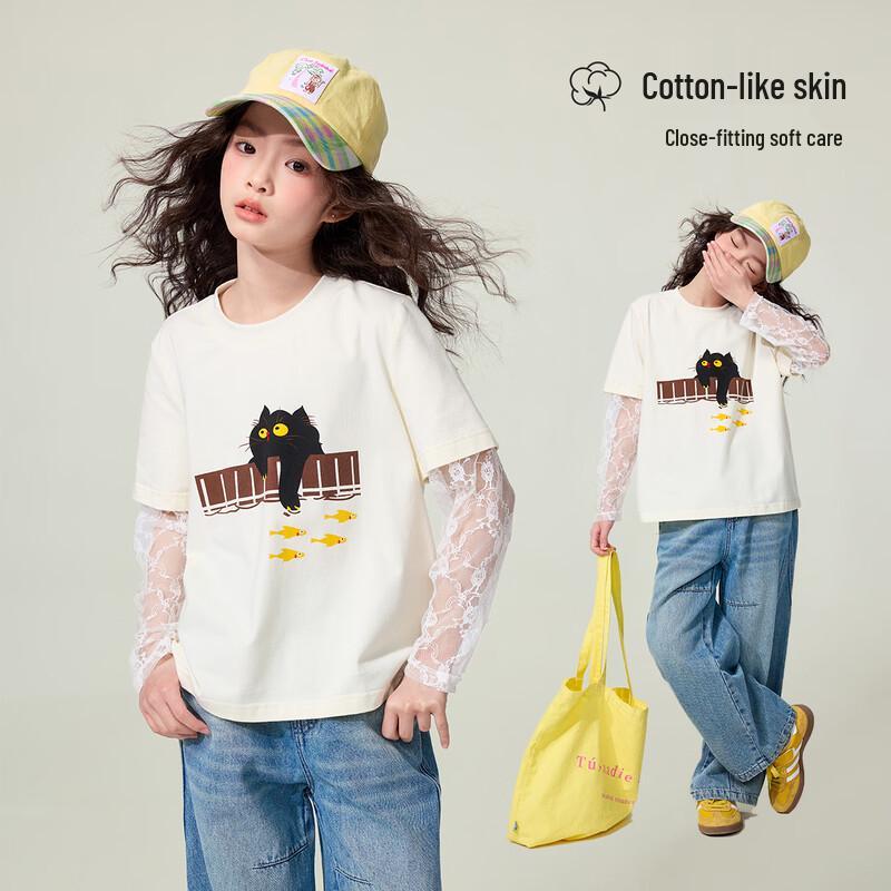 

Girls Cat Print Lace Patchwork Long Sleeve T-Shirt 150