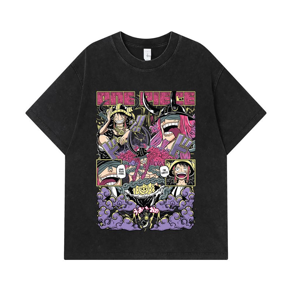275 GSM Washed T-shirts 100% Cotton One Piece V50 Luffy Loki Print Unisex Heavy Cotton T Shirt