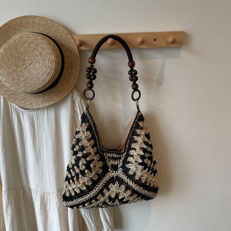 

Large Capacity Straw Woven Bag Women 2025 New Summer Seaside Vacation Beach Bag Fashion Woven Shoulder Tote Bag Black
