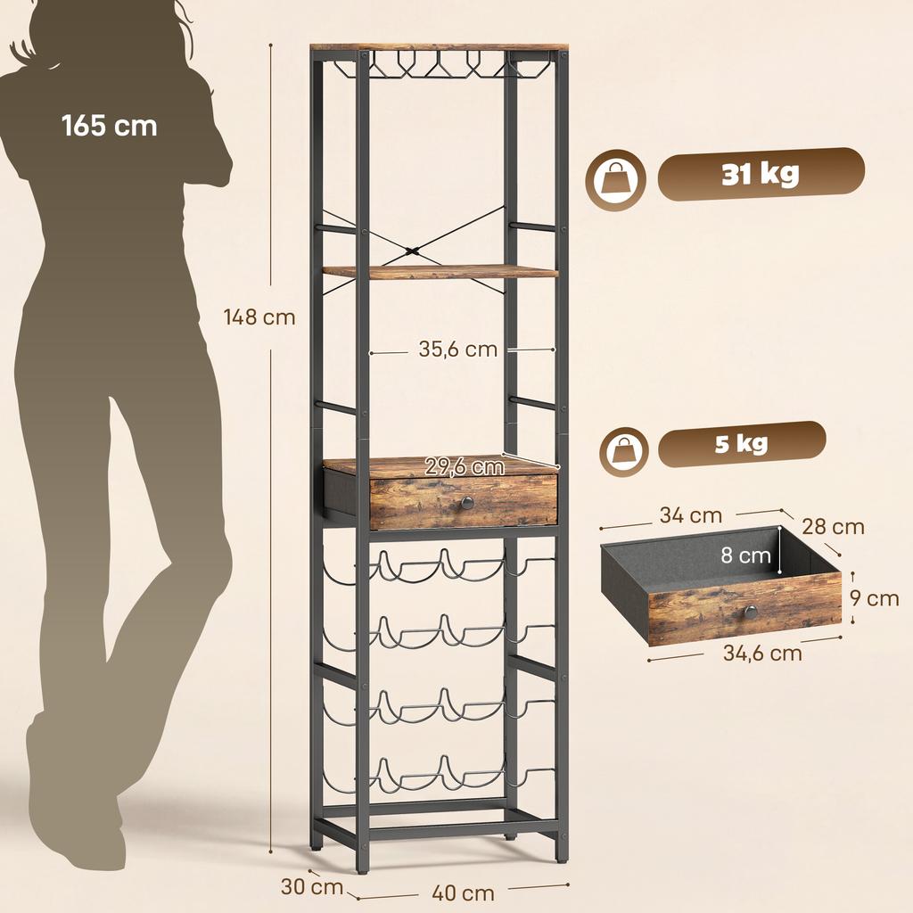 Wine Bar Cabinet with Drawer, Industrial Bar Cabinet, Wine Rack for 12 Bottles, Glass Holder, Rustic Brown