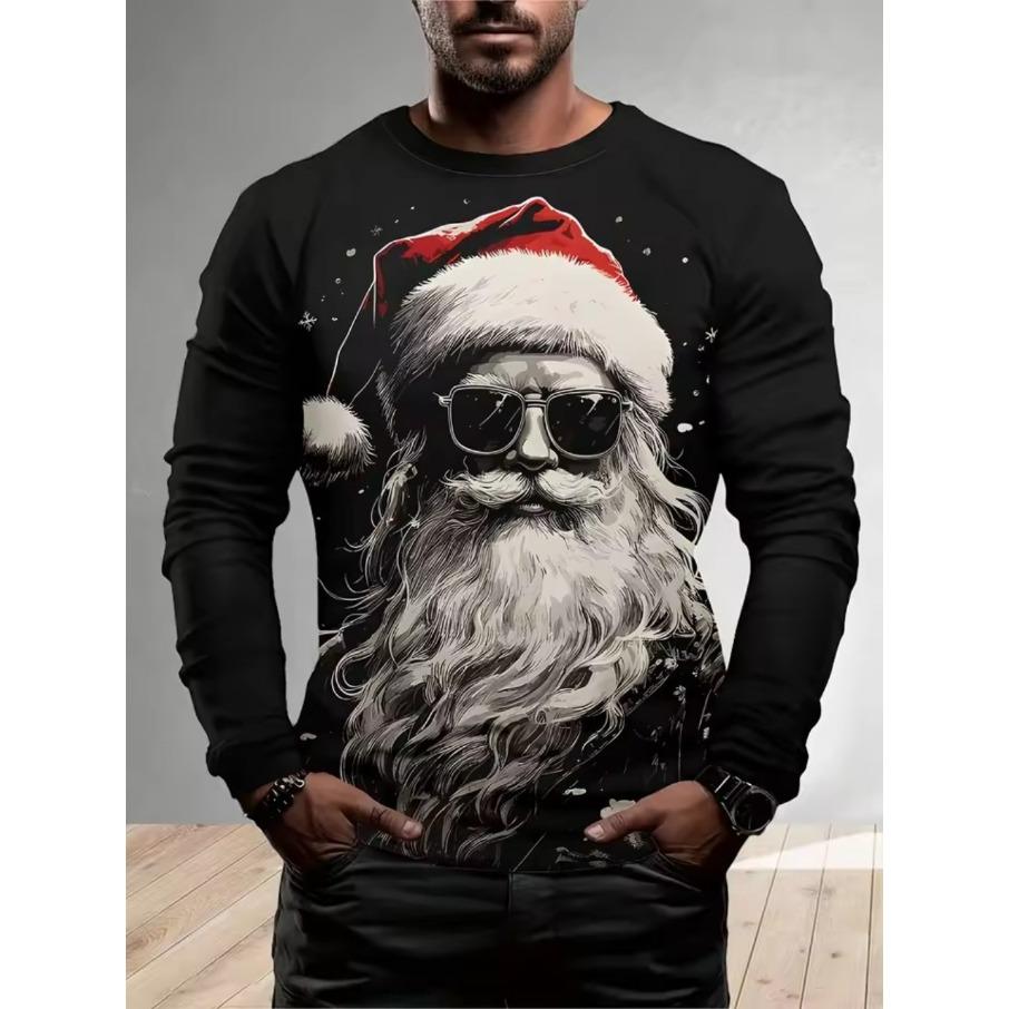 Camisetas de Poliéster Cómodas de Moda para Hombre Deportes Navidad Estampado 3D Holgadas Cuello Redondo Manga Larga Camiseta Top