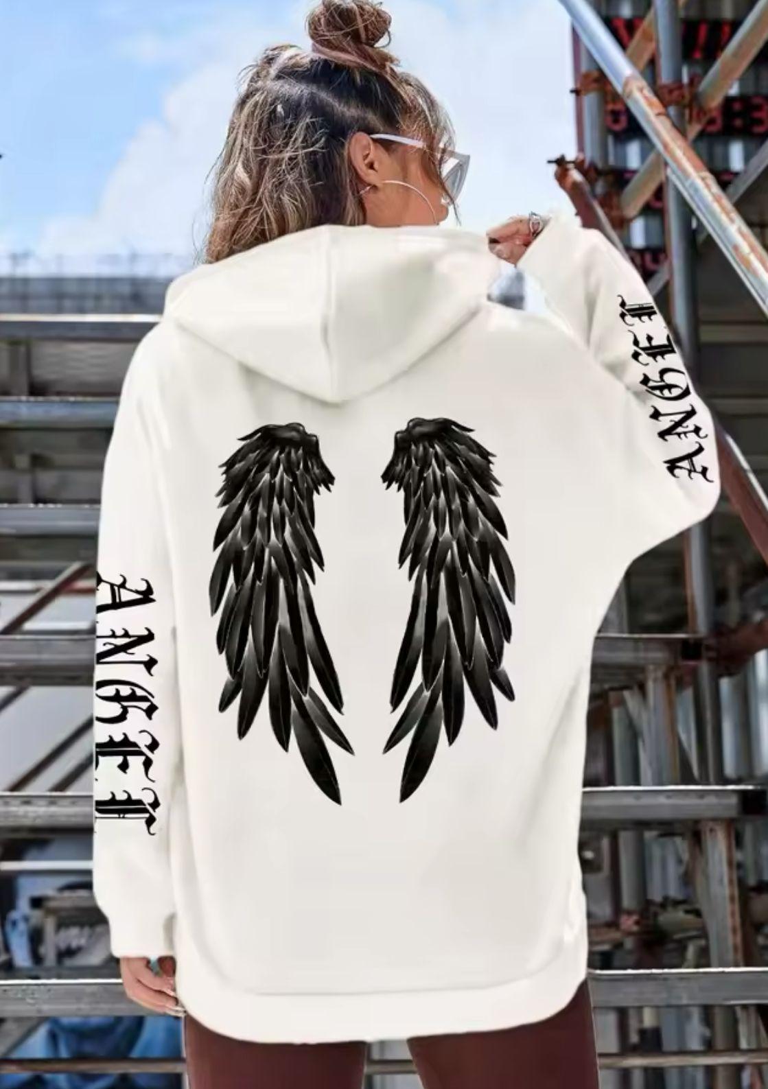 

Trendy Women s Black Hoodie with Drawstring and Kangaroo Pocket - American Style with Unique Print 2XL белый