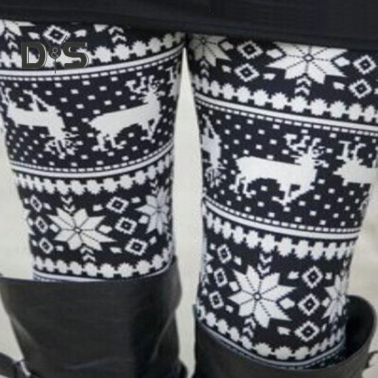 Høst Vinter Leggings Elg Snøfnuggtrykk Skinny Høy midje Stor Elastisitet Rumpe løftet Tykk Varm Myk Jul Langbukser Bunnbukser