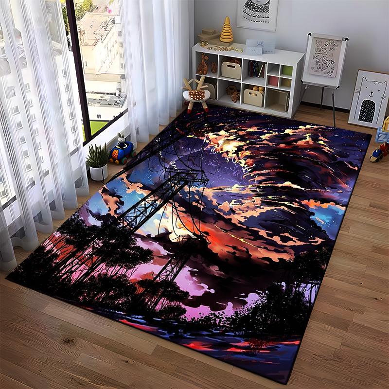 Vibrant Night Sky Inspired Carpet with Powerlines and Fiery Clouds Suitable for use as an anti-slip for living room bedroom sofas