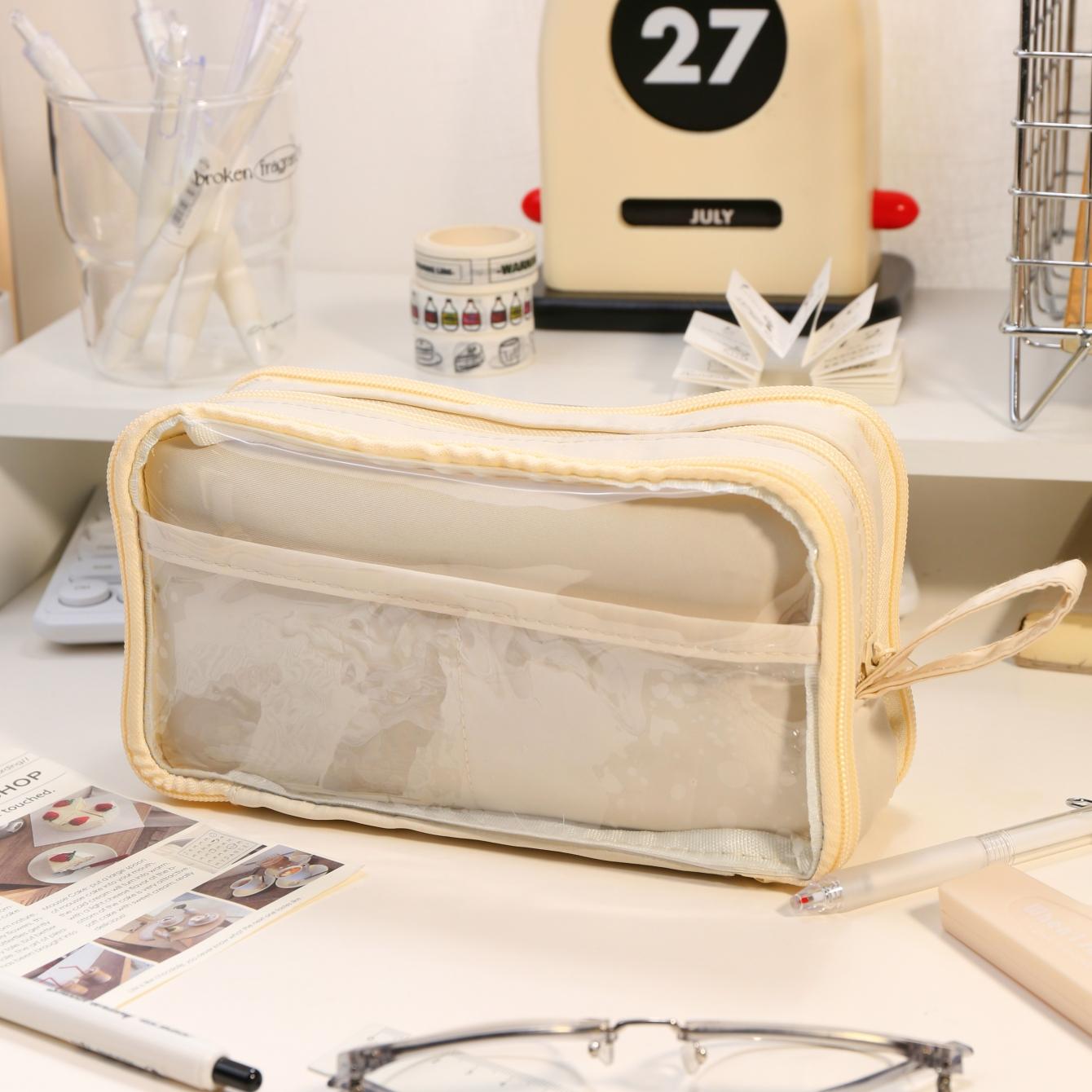 

Dual-side Transparent Pencil Bag Pen Case Pure Color & Capybara Multi Pocket Hand-held Storage Pouch for Stationery School A7661 белый