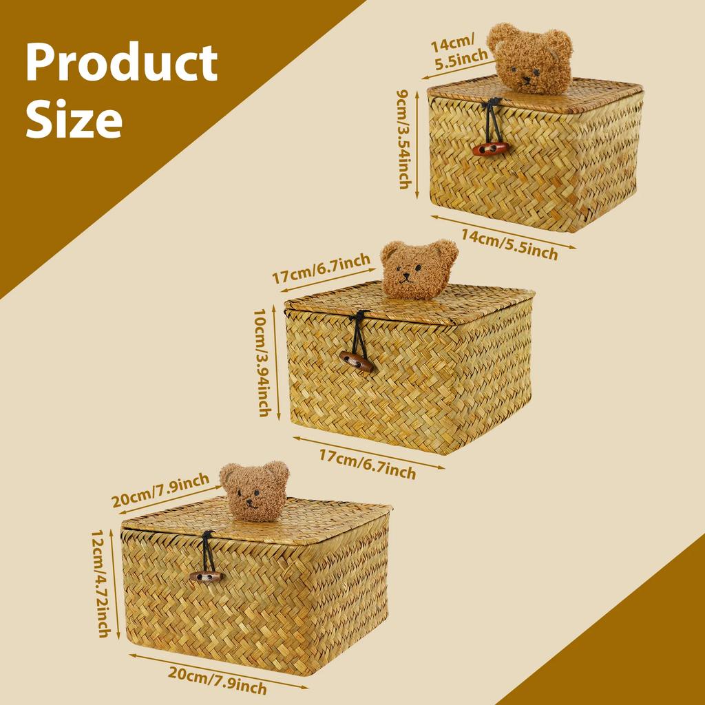 3Pcs Natural Storage Basket with Lid Stackable Large Seagrass Basket Organizer Bins For Home Kitchen Grocery Storage Container