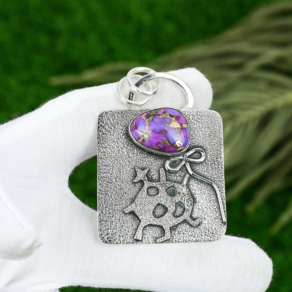 Sisters Day Deal Copper Purple Turquoise Gemstone Pendant 925 Sterling Silver