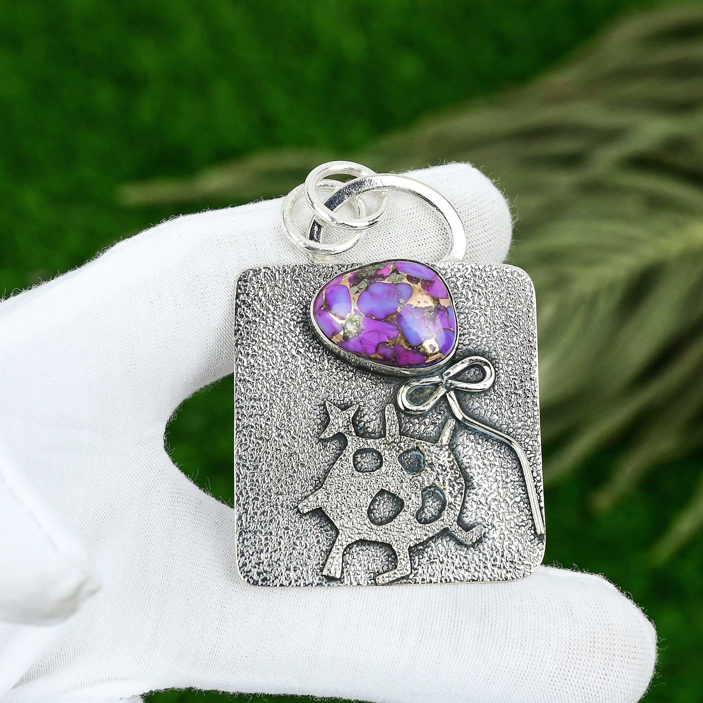 Sisters Day Deal Copper Purple Turquoise Gemstone Pendant 925 Sterling Silver