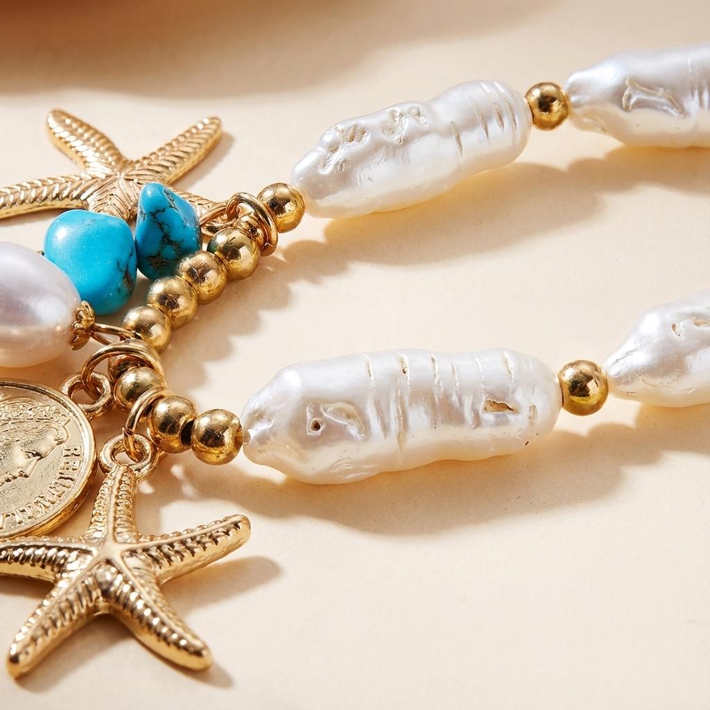 New Luxury Baroque Imitation Pearl Necklace for Women Gold Color Starfish Conch Pendant Choker Summer Beach Wedding Jewelry Gift