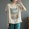 Cotton and Linen Short-sleeved T-shirt Women's Retro Printed Linen Thin T-shirt Literary Loose Large Size Summer Top