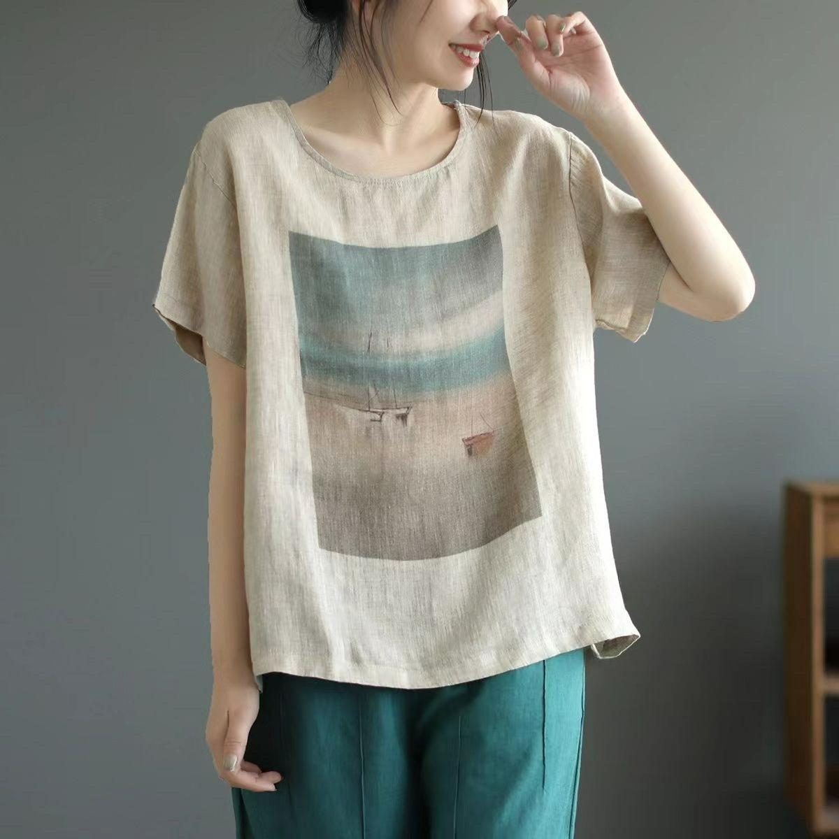 

Cotton and Linen Short-sleeved T-shirt Women s Retro Printed Linen Thin T-shirt Literary Loose Large Size Summer Top 3XL хакі