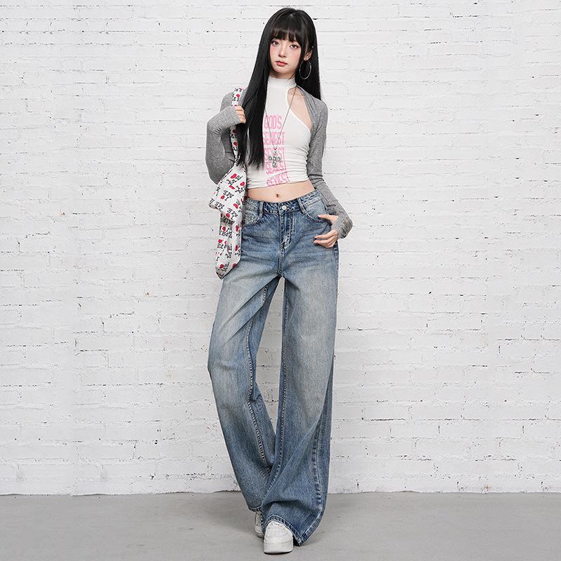2026 Spring Korean High-Waist Printed Denim Straight-Leg Jeans for Women - Loose, Drape, Floor-Length Style